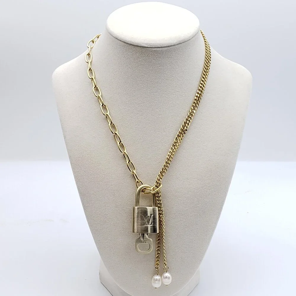 Stainless Steel Gold-Plated Necklace with Authentic Louis Vuitton Padlock